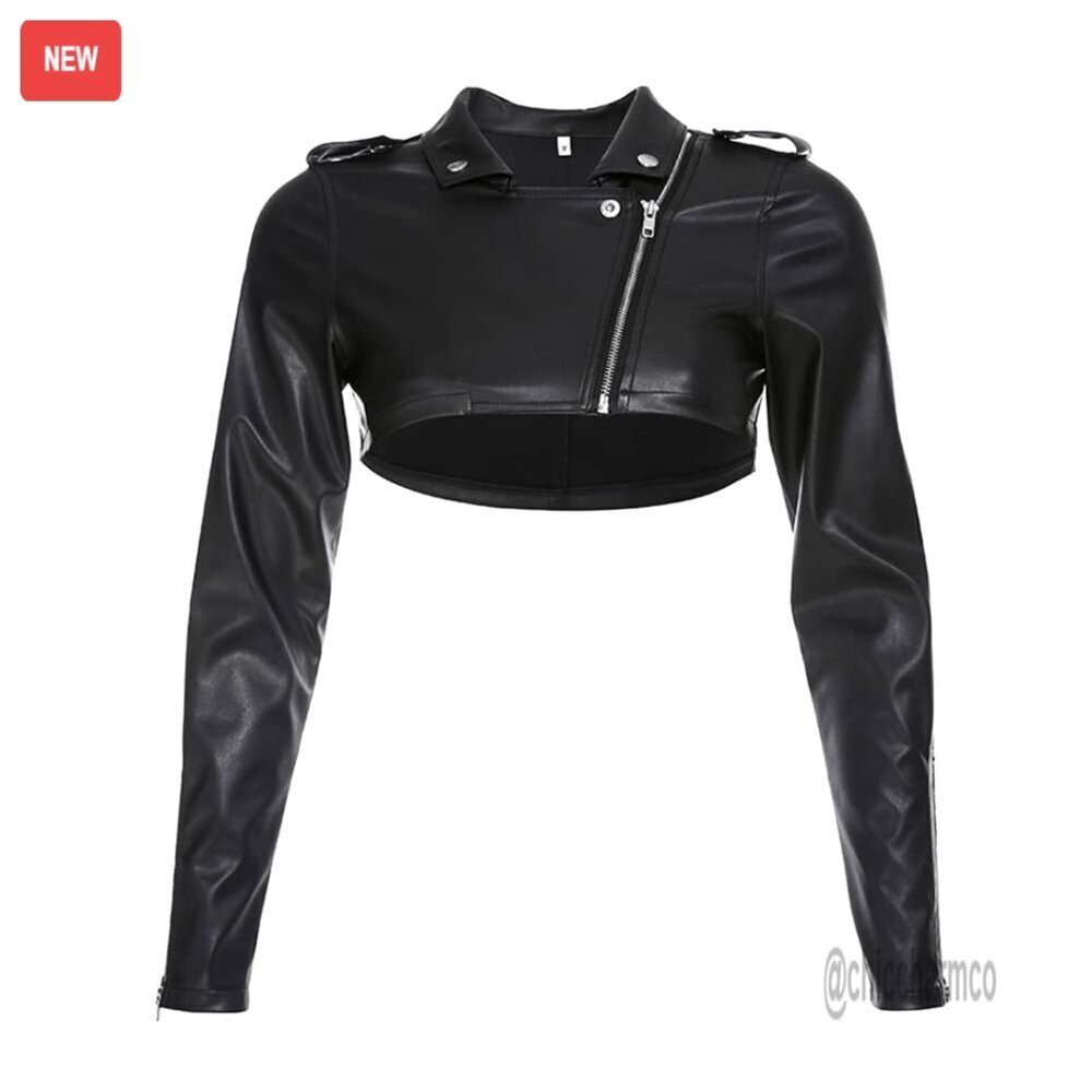 Leather Crop Top Jacket with Zipper Closure, Turn Down Collar